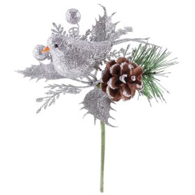 Vetvička MagicHome Vianoce, s vtáčikom, strieborná 17 cm