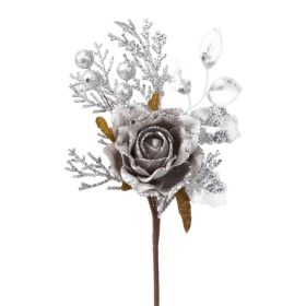 Vetvička MagicHome Vianoce, s ružou, sivá, 26 cm