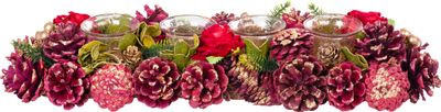 Karácsonyi ikebana, natúr, adventi, arany gyertyatartók, piros, 45 cm