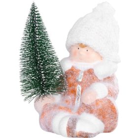   MagicHome karácsonyi szobor, Fiú karácsonyfával, terrakotta, 14,5 x 13 x 17 cm