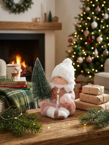 MagicHome karácsonyi szobor, Fiú karácsonyfával, terrakotta, 14,5 x 13 x 17 cm