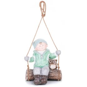   MagicHome karácsonyi szobor, Fiú a hintán bagollyal, függő, kerámia, 34,5 x 25,5 x 39,5 cm