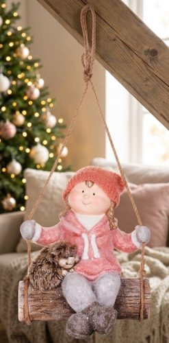 MagicHome karácsonyi szobor, Lány hintán sündisznóval, függő, kerámia, 31,5 x 28 x 36 cm