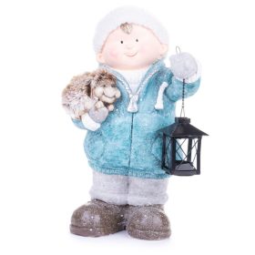   MagicHome karácsonyi szobor, Fiú lámpással és sündisznóval, kerámia, 23 x 20 x 39,5 cm
