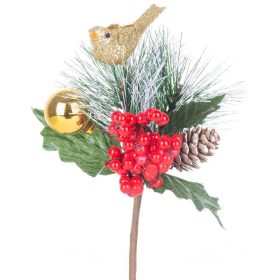   Vetvička MagicHome Vianoce, s vtáčikom, červeno - zlatá, 16 cm