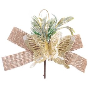   Vetvička MagicHome Vianoce, s motýľom a jutovou stuhou, zlatá, 18 cm