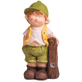   MagicHome dekoráció, Kisfiú táblával, kerámia, LED, napelemes, 24 x 18 x 49 cm