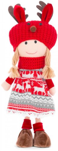 Karácsonyi dekoráció, Lány piros-szürke sapkával, 42 cm