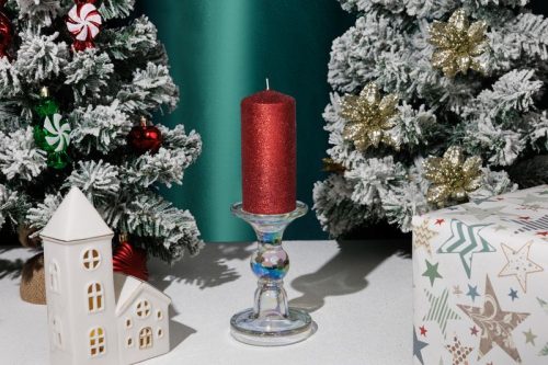 MagicHome karácsonyi gyertya, 5,5 x 12 cm, piros, csillámokkal