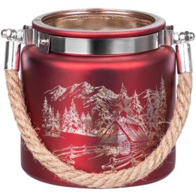   MagicHome karácsonyi gyertyatartó,10 x 10 cm, piros, tájképpel, zsinórral