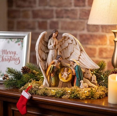 MagicHome karácsonyi dekoráció, a Szent család az angyal védőszárnyai alatt, poligyanta, 21,5 cm