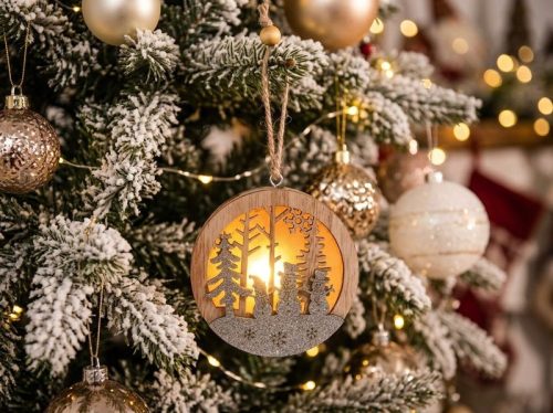 MagicHome karácsonyi dekoráció, Hóember gömbben, LED, felfüggeszthető, MDF, 8,5 x 2 x 8,5 cm