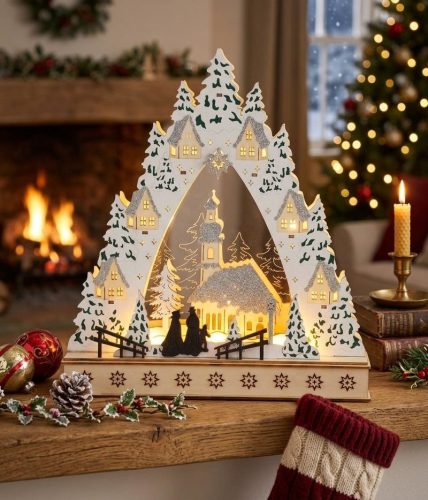 Dekoráció MagicHome Karácsony, Falu templommal, LED, MDF, 30x7x33,5 cm