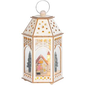   MagicHome karácsonyi lámpa, Fa falu, 9 LED, meleg fehér szín, 16,5 x 14 x 30 cm