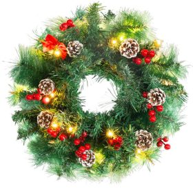   Karácsonyi koszorú, natúr, fenyőtobozokkal, 20 LED, meleg fehér, 3x AA, 8 funkció, 30 cm