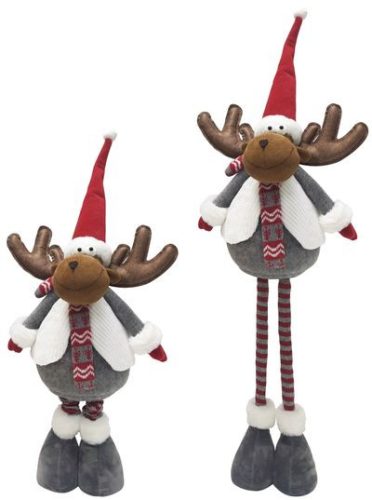 Karácsonyi dekoráció, szürke rénszarvas, fehér pulcsival, teleszkópos lábakkal, 88 cm