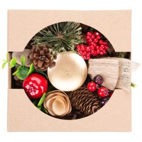   Karácsonyi gyertyatartó, fenyőágakkal és masnival, natúr, 15 cm