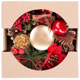   Karácsonyi gyertyatartó, fenyőágakkal és virággal, natúr, 15 cm