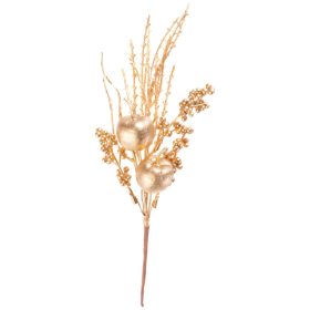   Vetvička MagicHome Vianoce, s jabĺčkami a bobuľami, zlatá, 30 cm