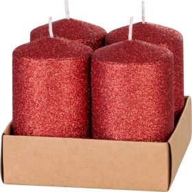   Sviečka MagicHome Vianoce, 4,8x8 cm, valcová, bal. 4 ks, červená, s glitrami, adventná