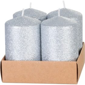   Sviečka MagicHome Vianoce, 4,8x8 cm, valcová, bal. 4 ks, strieborná, s glitrami, adventná