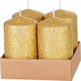   Sviečka MagicHome Vianoce, 4,8x8 cm, valcová, bal. 4 ks, zlatá, s glitrami, adventná