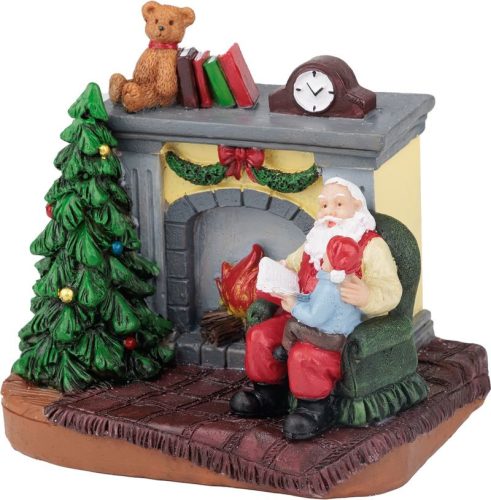 MagicHome karácsonyi dekoráció, Mikulás gyerekkel a kandalló mellett, LED, belső, 10,5x8x9 cm, eladó