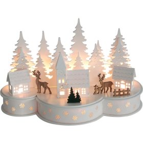   Dekorácia MagicHome Vianoce, Dedinka s jeleňmi, 10 LED teplá biela, 2xAA, MDF, 30x14x19,5 cm