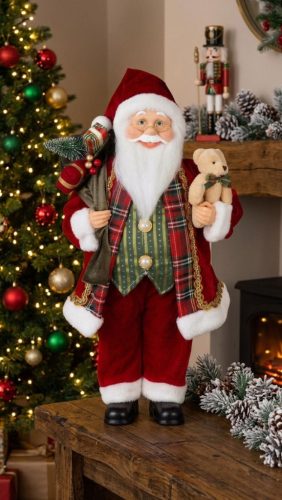 Dekoráció MagicHome Karácsony, Mikulás, ajándékkal és macival, piros, 46 cm